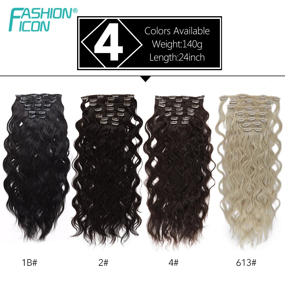 Synthetic Clip in Hair Extension Natural Body Wave With 20Clips 24Inch 140g Four Color High Temperature Fiber By Icon
