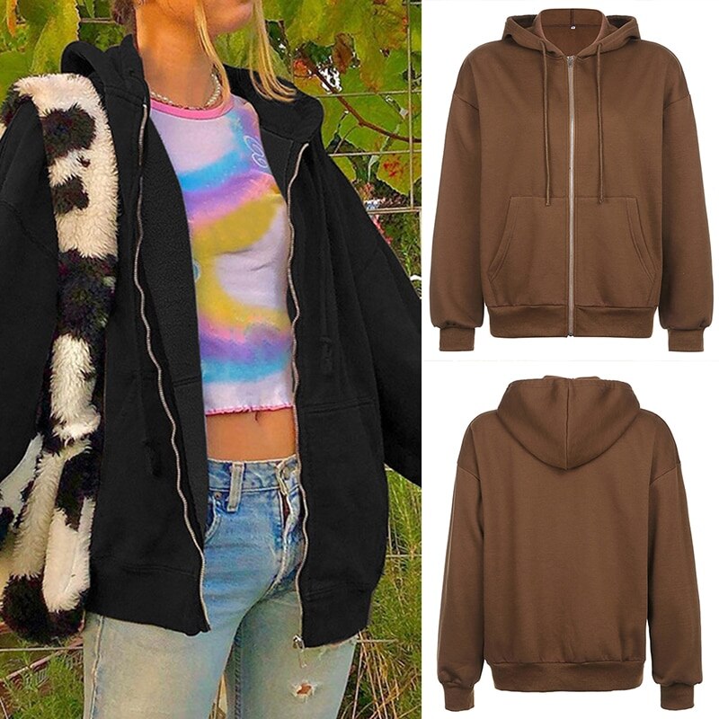 KANCOOL Brown Aesthetic Hoodies Women Vintage Zip Up Sweatshirt Winter Jacket Clothes Pockets Long Sleeve Hooded Pullovers