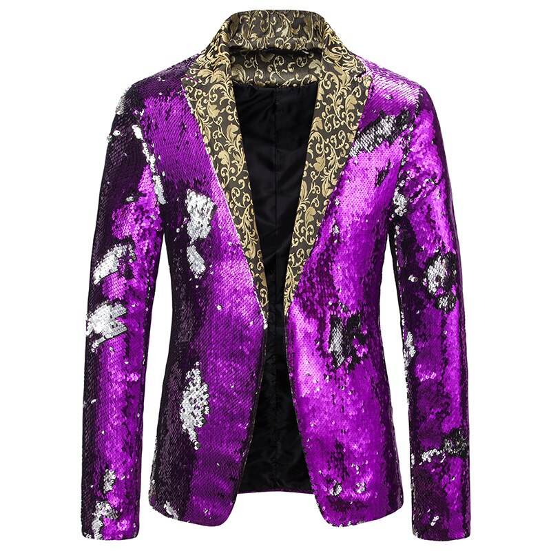 Men's Sequin Suit Jacket - Single Breasted - Full Sleeve - Notched Collar - Stage Performance: Purple