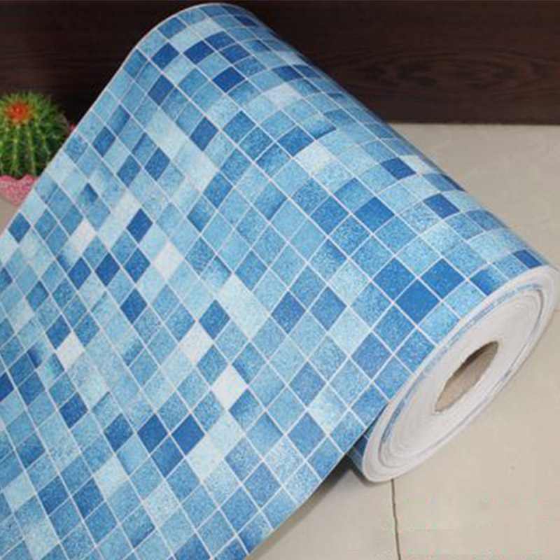 Mosaïque vinyle auto-adhésif papier peint rouleau toilettes salle de bain carrelage noir blanc décalcomanies cuisine étanche à l'huile PVC autocollant mural: Blue Mosaic / 45cm X 10m