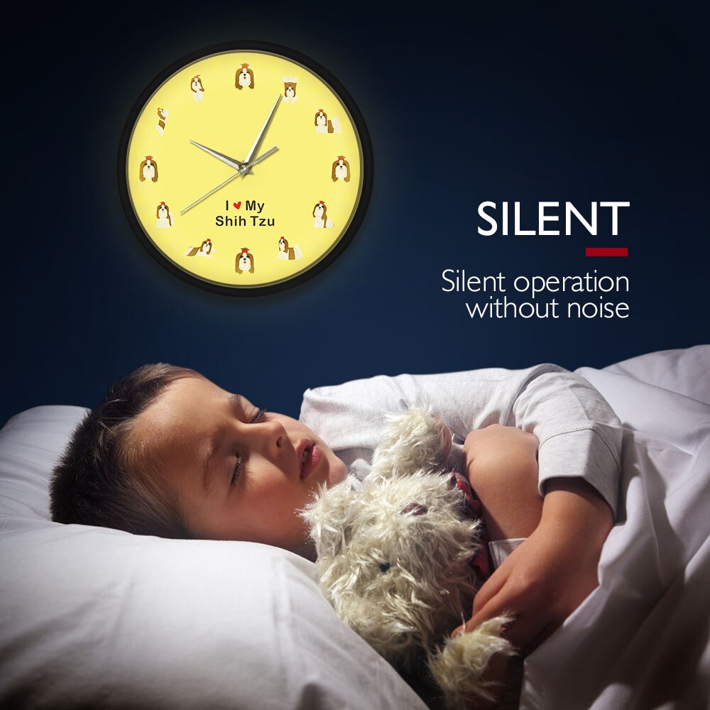 Shih Tzu Nursery Animal LED Wall Clock Chinese Lion Dog Sound Activated Night Light Lamp Metal Frame Silent Timepiece