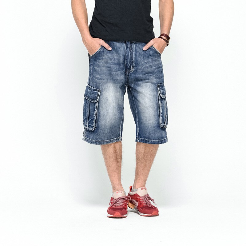 LOVZON-Vaqueros cortos holgados de talla grande para hombre, ropa de calle a la , pantalones Capri largos de Hip Hop, Bermudas de bolsillo, azul, 3/4: 40