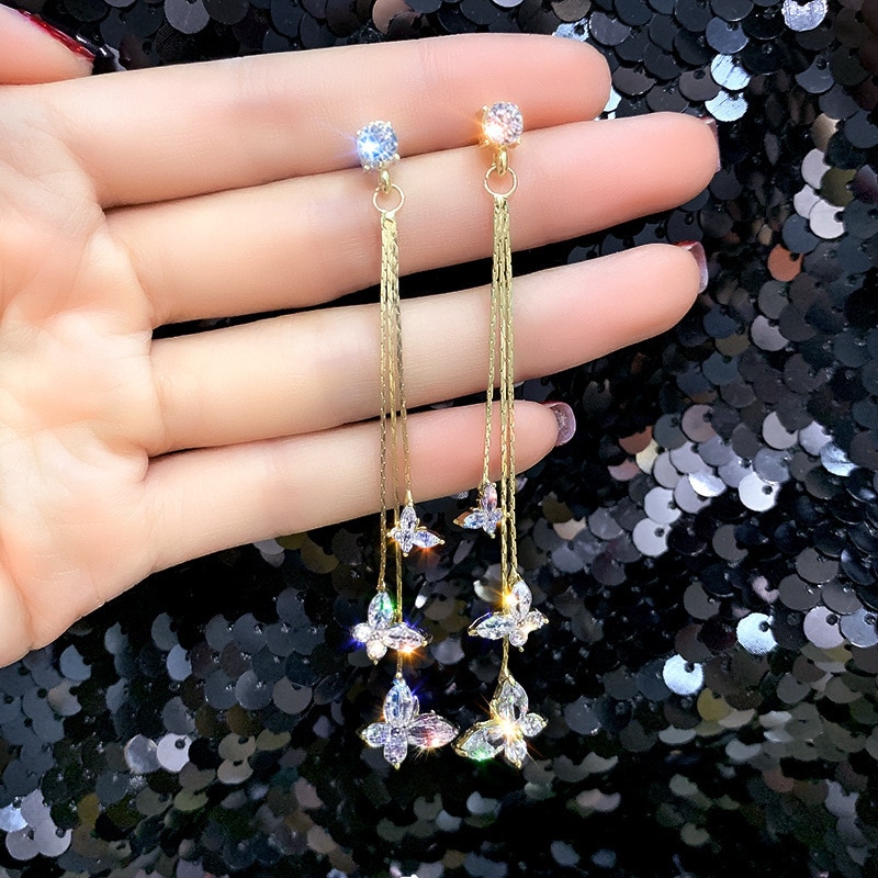 Drie Vlinder Crystal Earring Bijoux Lange Tassel Dangle Oorbellen Voor Vrouwen Verklaring Oorbellen Sieraden