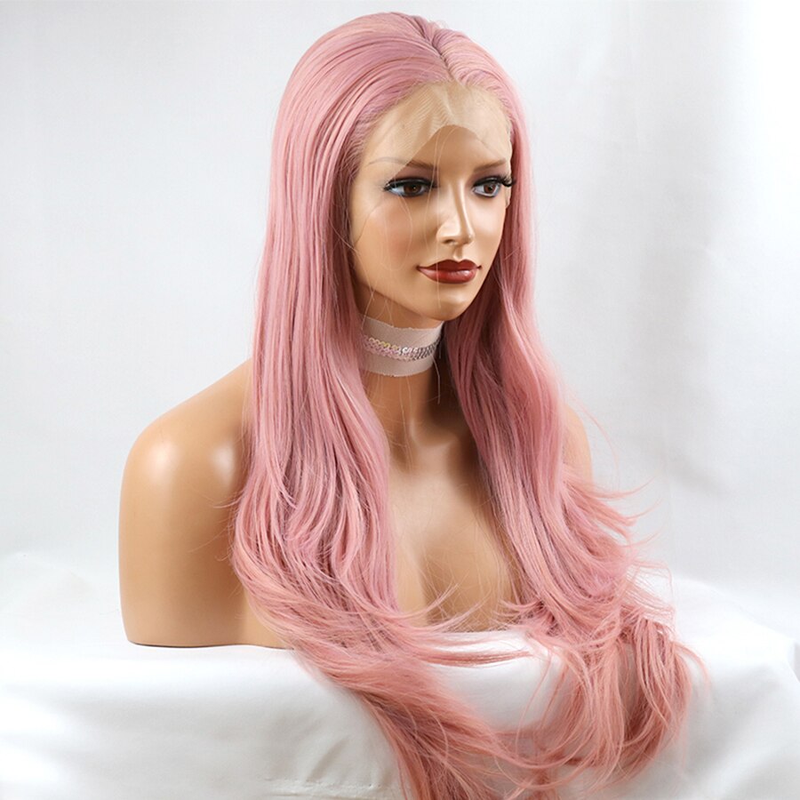 Mixed Pink Synthetic Lace Front Wig Long Boby Wavy RoseGold Pink for Women Natural Hairline Glueless Heat Resistant