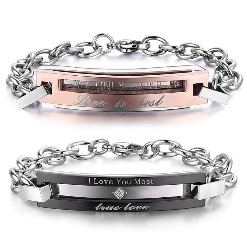 Charm Bracelet Stainless Steel Chain Link Bracelet for Couples Adult I Love You Most Zirconia Valentine's Day pulseira feminina