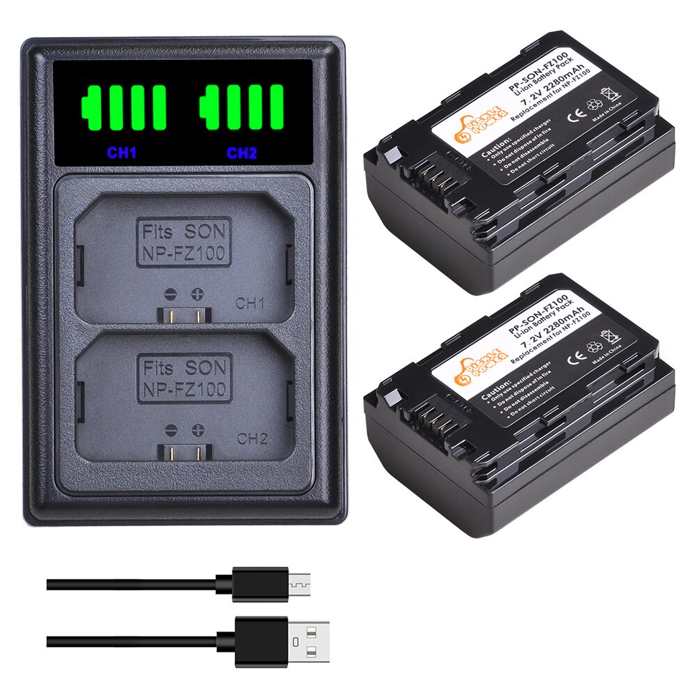 2280 mah np -fz100 npfz 100 np fz100 batteri + led dual usb oplader til sony np -fz100 bc-qz1 sony  a9 a9r a9s a7r iii  a7 iii  a6600.: Oplader og 2 batterier