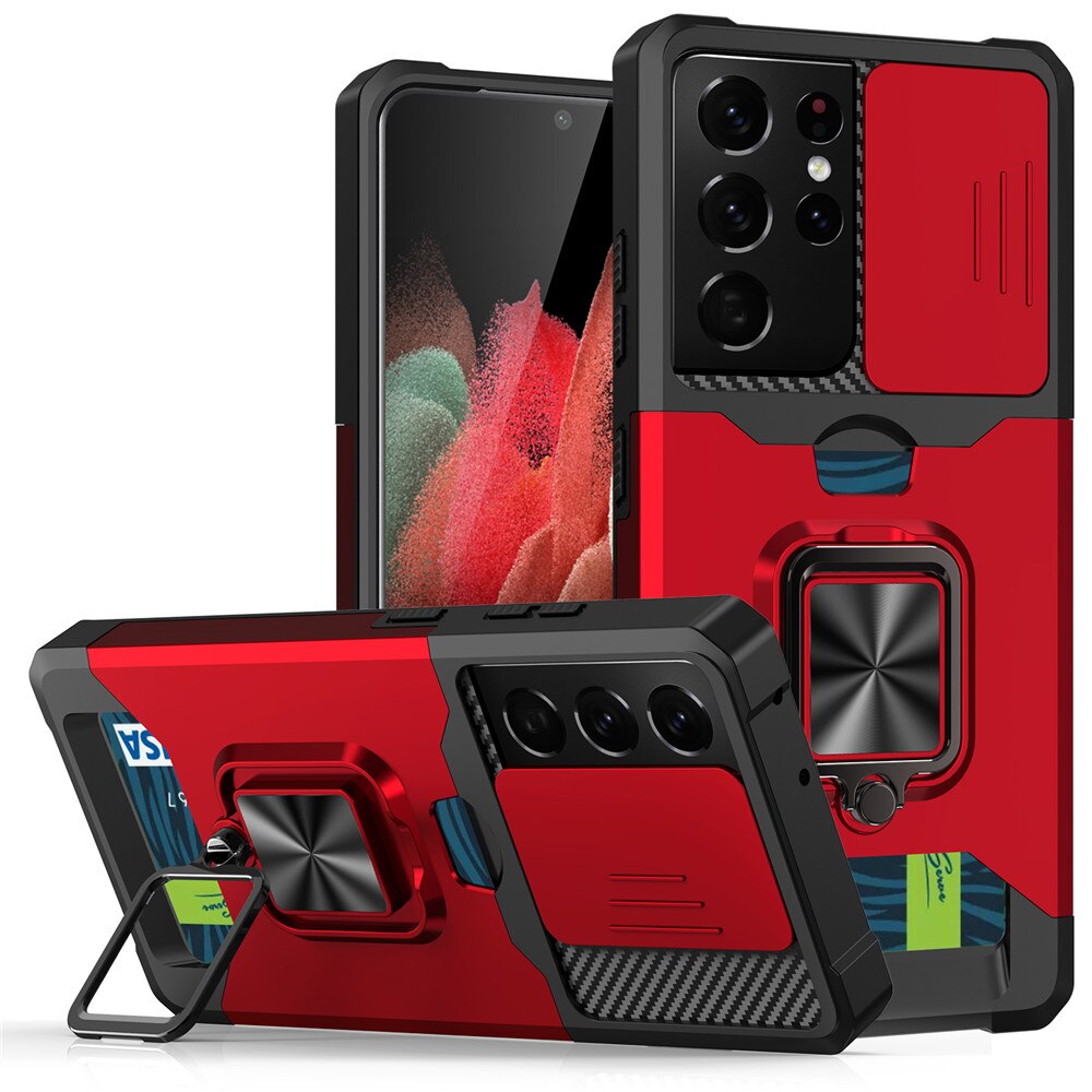 Til samsung galaxy note 20 ultra 5g etui slide panser stødsikkert kort slot etui note 20 note 20 ultra magnetisk metal stativ cover: Galaxy note 20 ultra / Rød