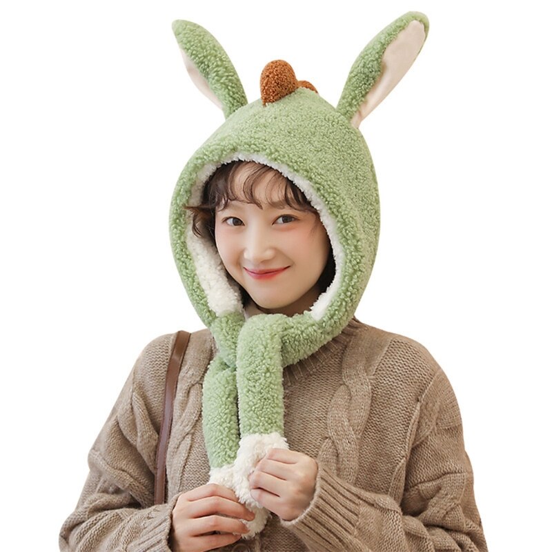 Gorro de punto de estilo coreano para mujer, gorro elástico con orejas de conejo, Color sólido, informal, para esquí, calentador de orejas, para invierno: Green