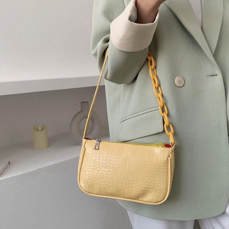 Bolso de mano Baguette con patrón de cocodrilo para mujer, cadena nueva, bolso de hombro pequeño, de bolsos de cuero,: Yellow