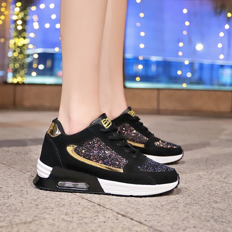 Dam dam wedges sneakers paljetter shake skor tjejer sportskor dam sneakers kvinna sneakers skor svart sko