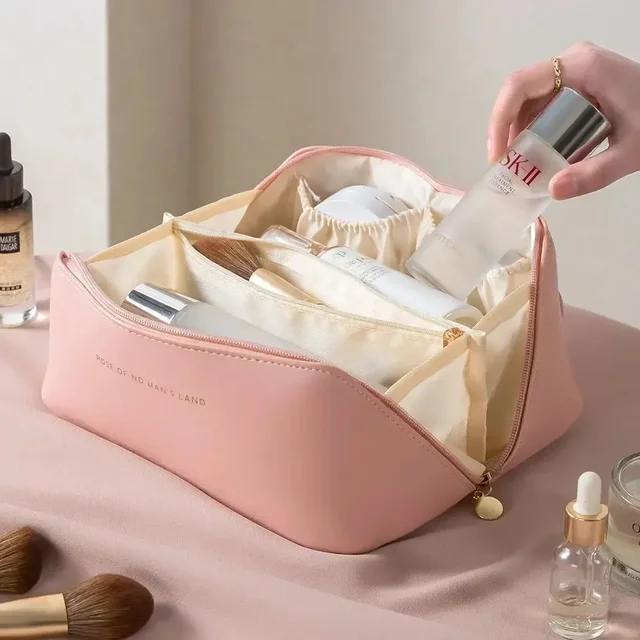 Organizador de maquillaje, kit de aseo femenino, estuche de maquillaje, bolsa de almacenamiento, caja de lujo para mujer, bolsa de cosméticos, bolsa organizadora para viaje con cremallera: Rosa