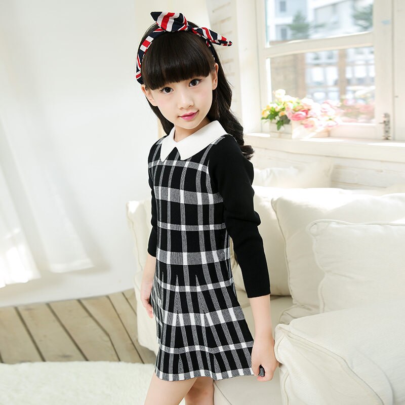 Preppy Style Kids Red Plaid School Dress Knitwear Girls Long Sleeve Cotton Knitted Dress Sweater Princess Slim Knitwear 13 To 4T
