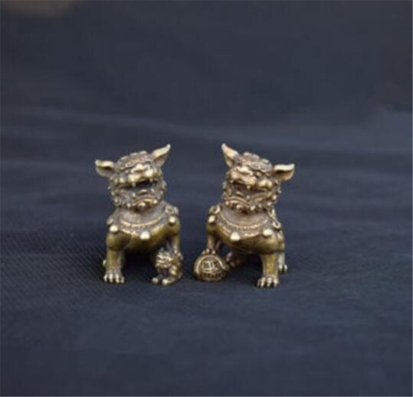 Copper Statue Collectable Chinese Brass Carved Animal A Pair Of Lions Exquisite Small Statues