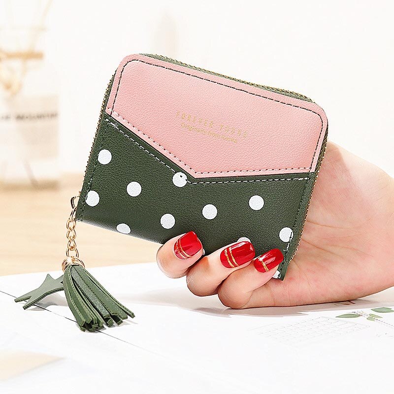 Korte Portemonnees Dame Portemonnee Kwasten Rits Vrouwen Dots Wallet Bag Kaarten Id Houder Meisjes Portefeuilles Geldzakken Notecase Pocket Poucht: Pink