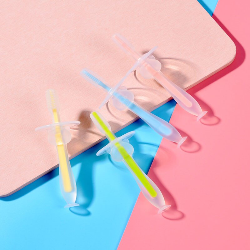 Cepillos dentales de entrenamiento para bebé, cepillo Dental de silicona suave con mango encantador con ventosa, cepillos dentales de entrenamiento sin BPA