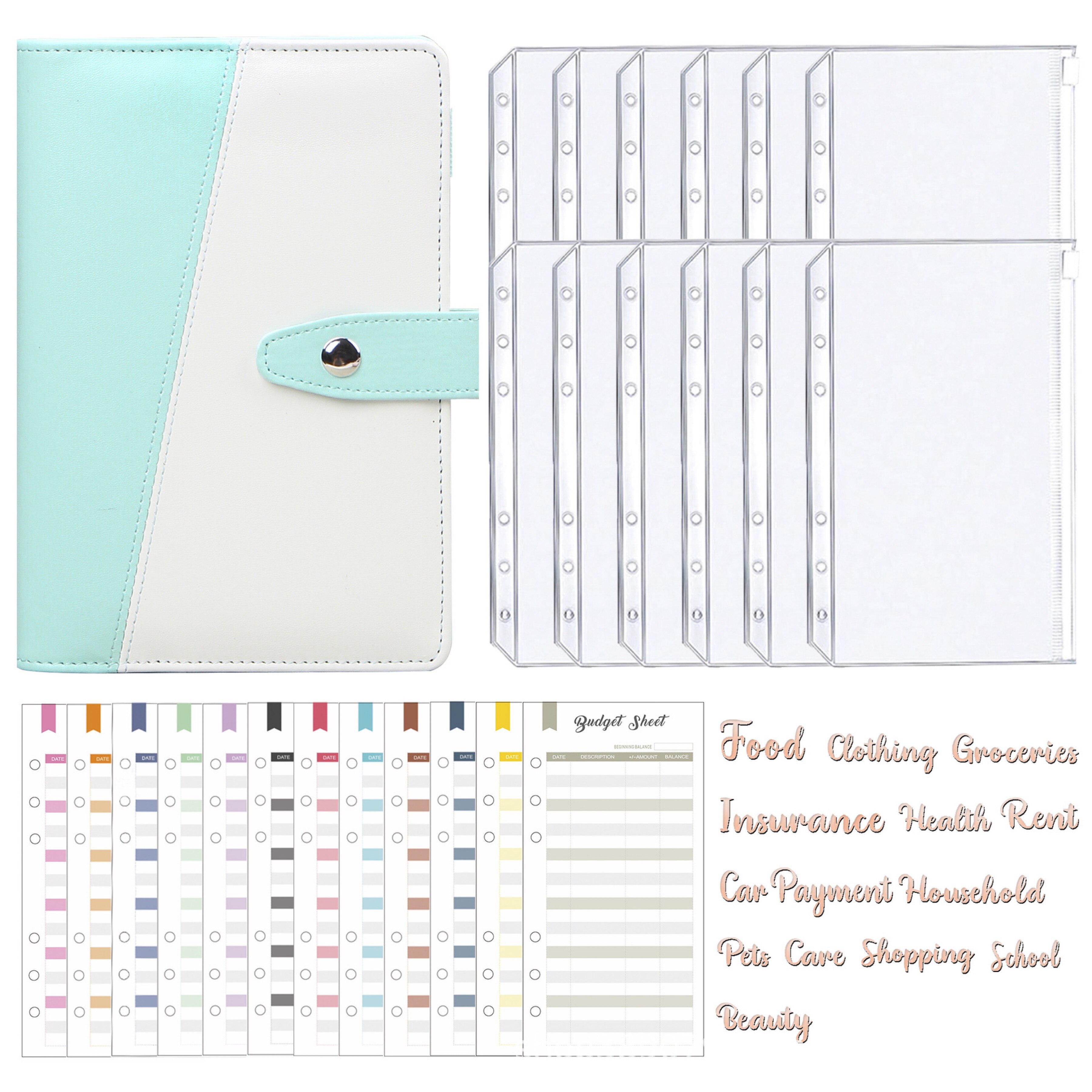 Organiseur de carnet de notes A6, classeur avec pochettes, feuilles de Budget de frais et étiquette autocollante pour planificateur de billets: A6-Green