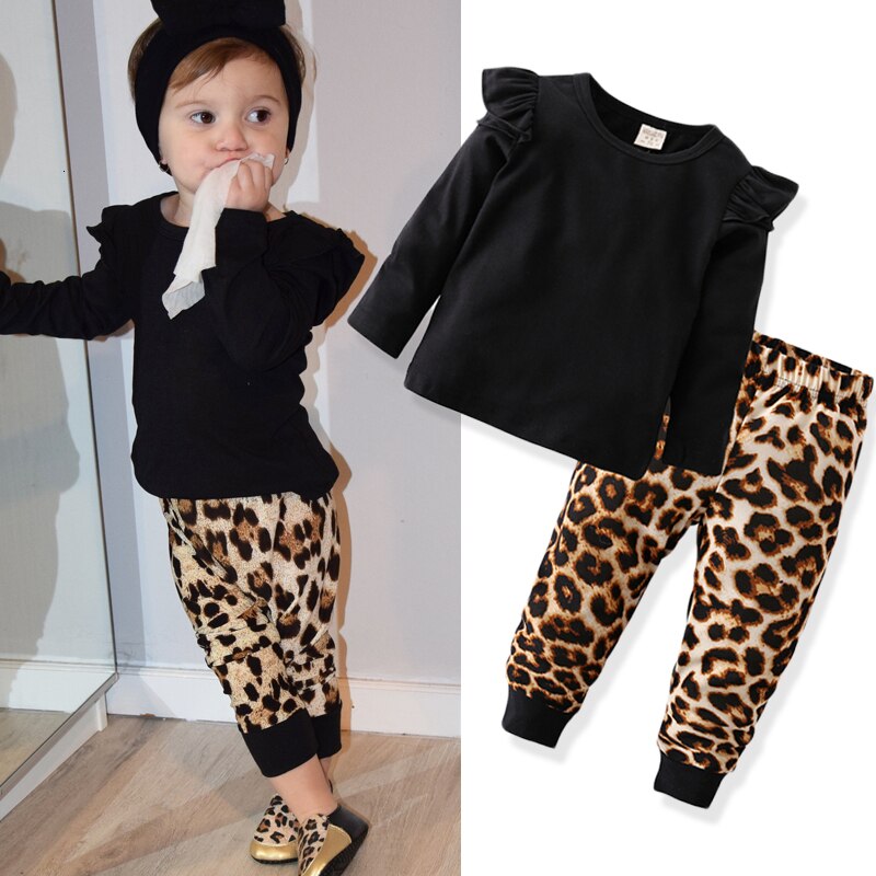 Herfst Meisjes Kleding Set Lange Mouw T-Shirt Luipaard Broek 2 Delige Set Mode INS Flying Mouwen Top Voor Baby kleding: 9m