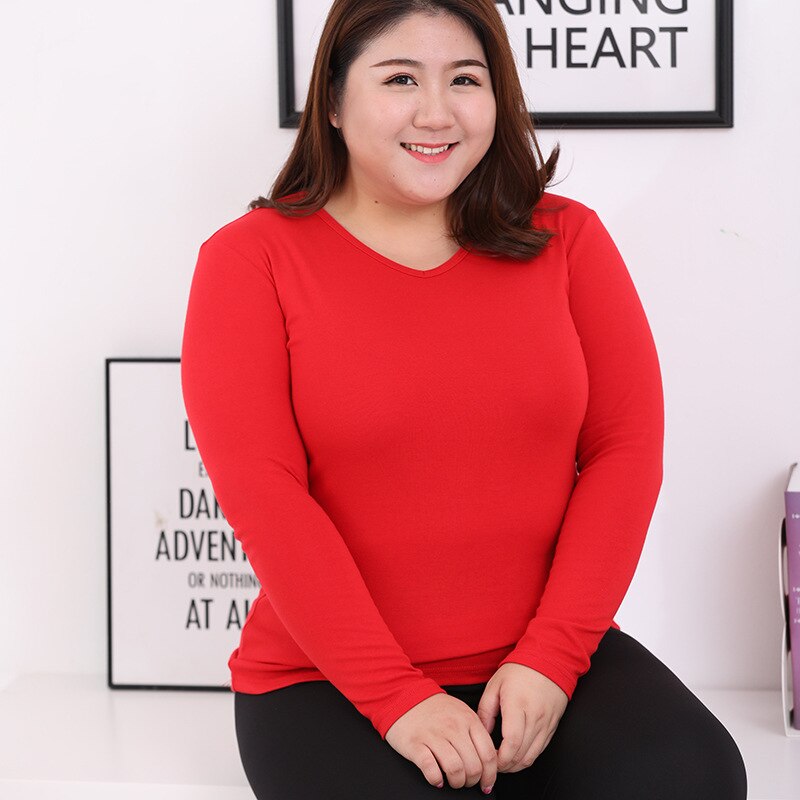 Dam termounderkläder toppar tjock pullover o hals långärmad skjorta bomull andas plus size kvinnliga vinterkläder håller värmen: Röd / 6xl