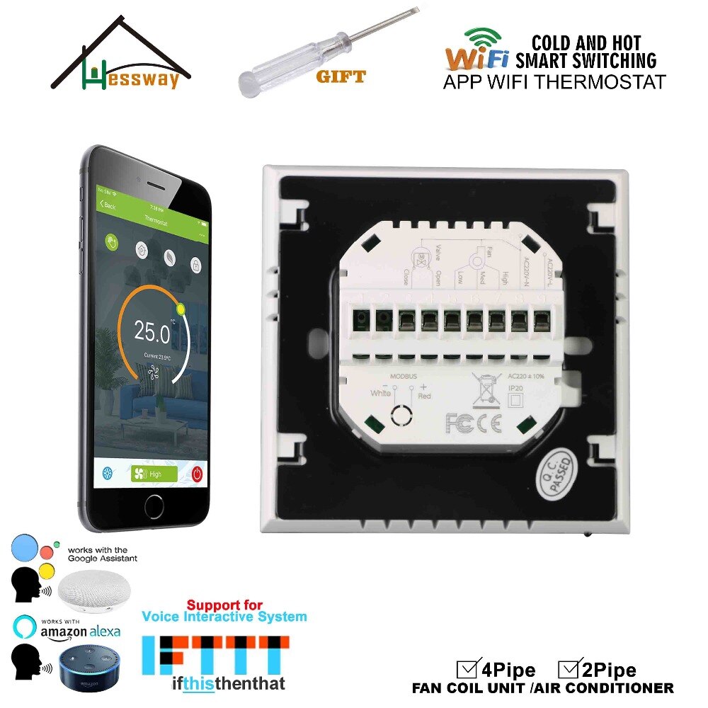 HESSWAY TUYA APP Smart Fan Coil WIFI Thermostat 24VAC for 4pipe 2Pipe Heat Cool Temp