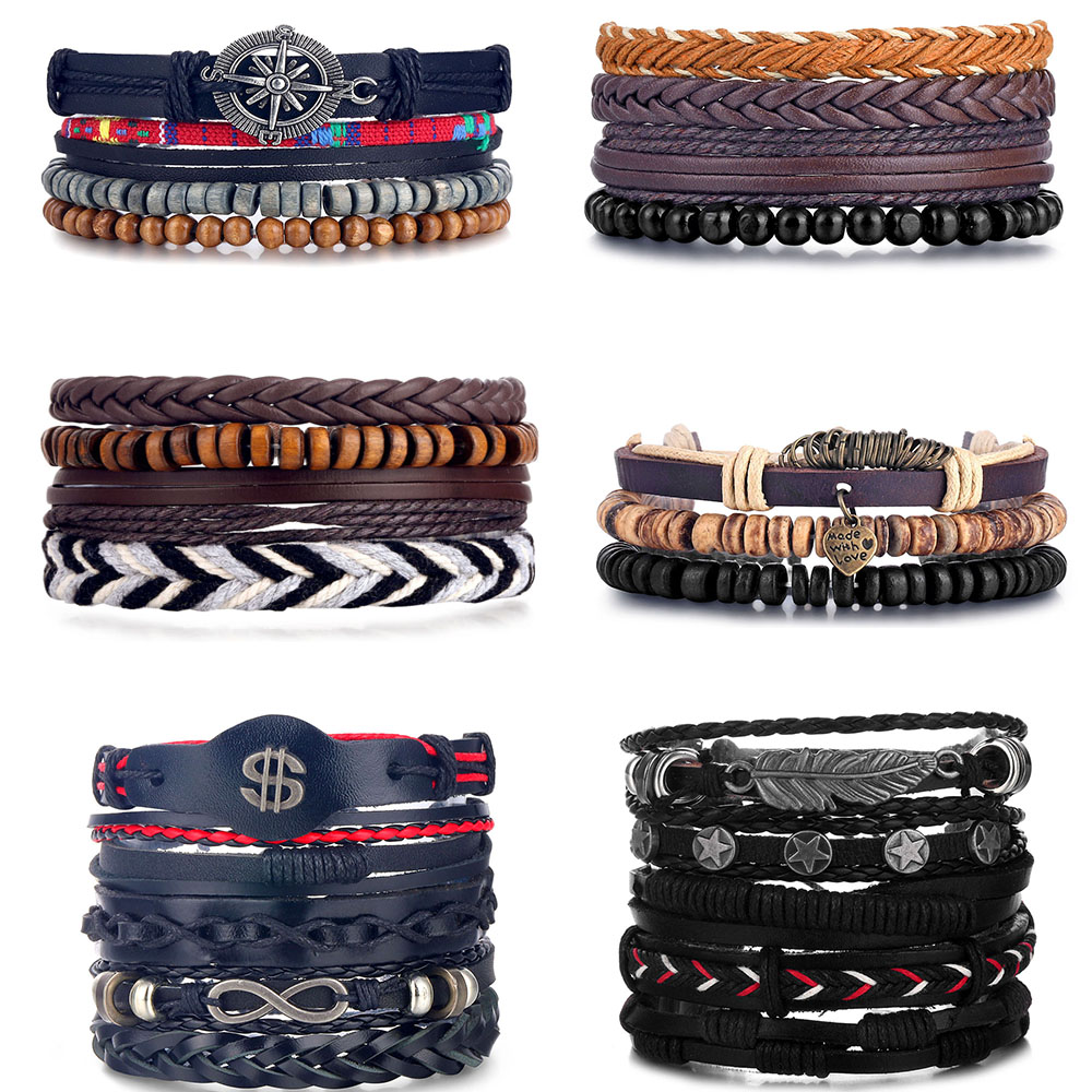 Wood Bead Male Multilayer Leather Bracelet Men Braided Rope Wrap Bracelets Bangles Pulseira Masculina Jewelry Pulsera