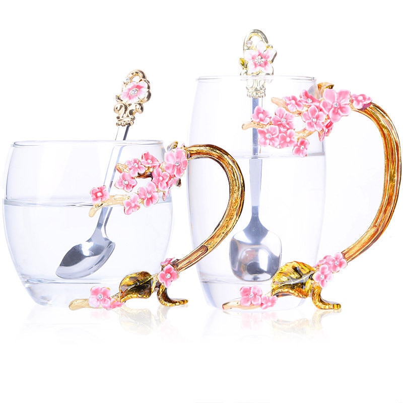 Emalje kaffekopp krus blomst te drikkeglass kopper med håndtak til og kalde drikker med hettepute og tørkeklut til