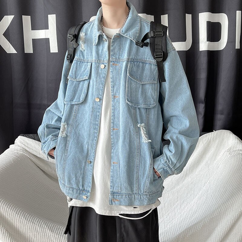 Katoen Ripped Denim Jas Heren Mode Retro Toevallige Gat Denim Jassen Heren Streetwear Koreaanse Losse Hip-Hop Bomber jas Mannen