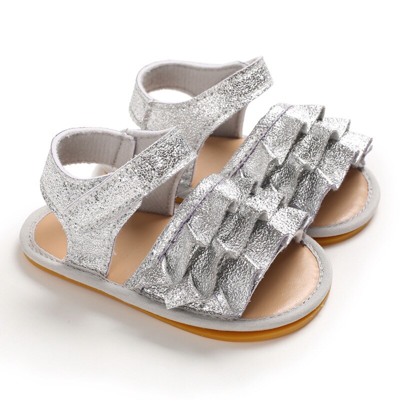 Baby Baby Meisje Schoenen Peuter Flats Sandalen Premium Zachte Rubberen Zool Anti-Slip Zomer Bloem Kant Crib Eerste Walker shoes0-18M: B242-silver / 0-6 months