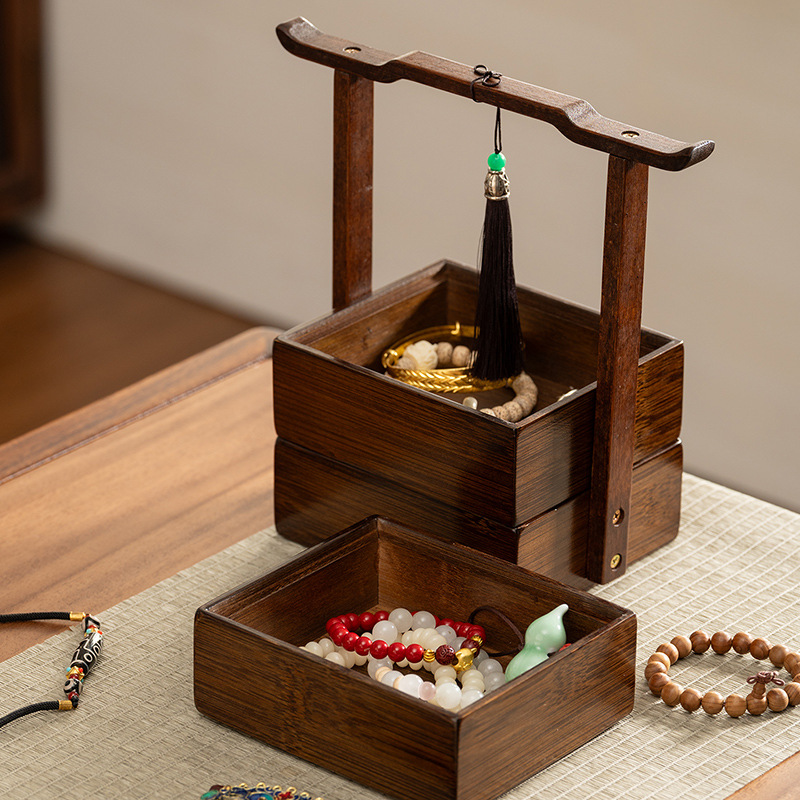 Chinese Style Walnut Color Tea Snack Storage Box Multi-layer Bamboo Made Four-sided Retro Home Use Dry Fruit Snack Box