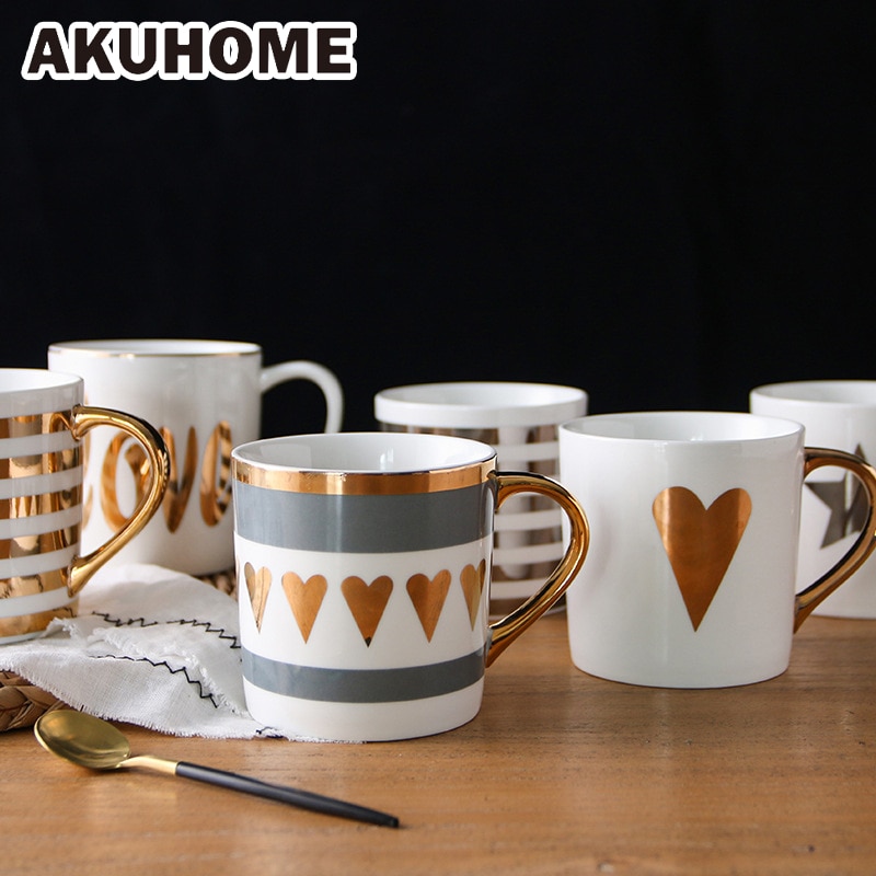 Golden Ceramic Mug Porcelain Coffee Mug China Bone Milk Tea Cup Love Heart Stripe Coffee Cup Drinkware