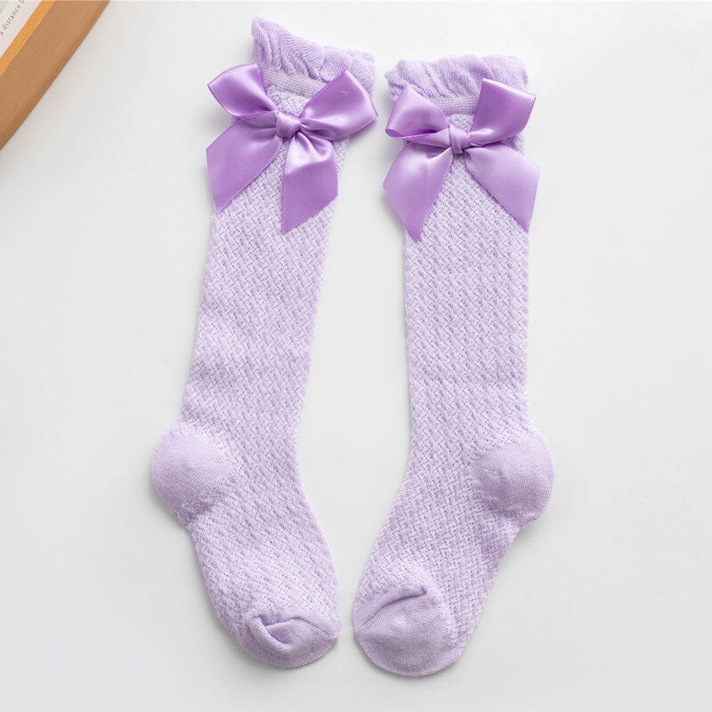 0-4Y Spaanse Stijl Baby Meisjes Sokken Strikken Knie Hoge Kinderen Sokken Peuters Buis Lange Sok Hollow Out Prinses Hoge Visnet sokken: Purple bow mesh sock