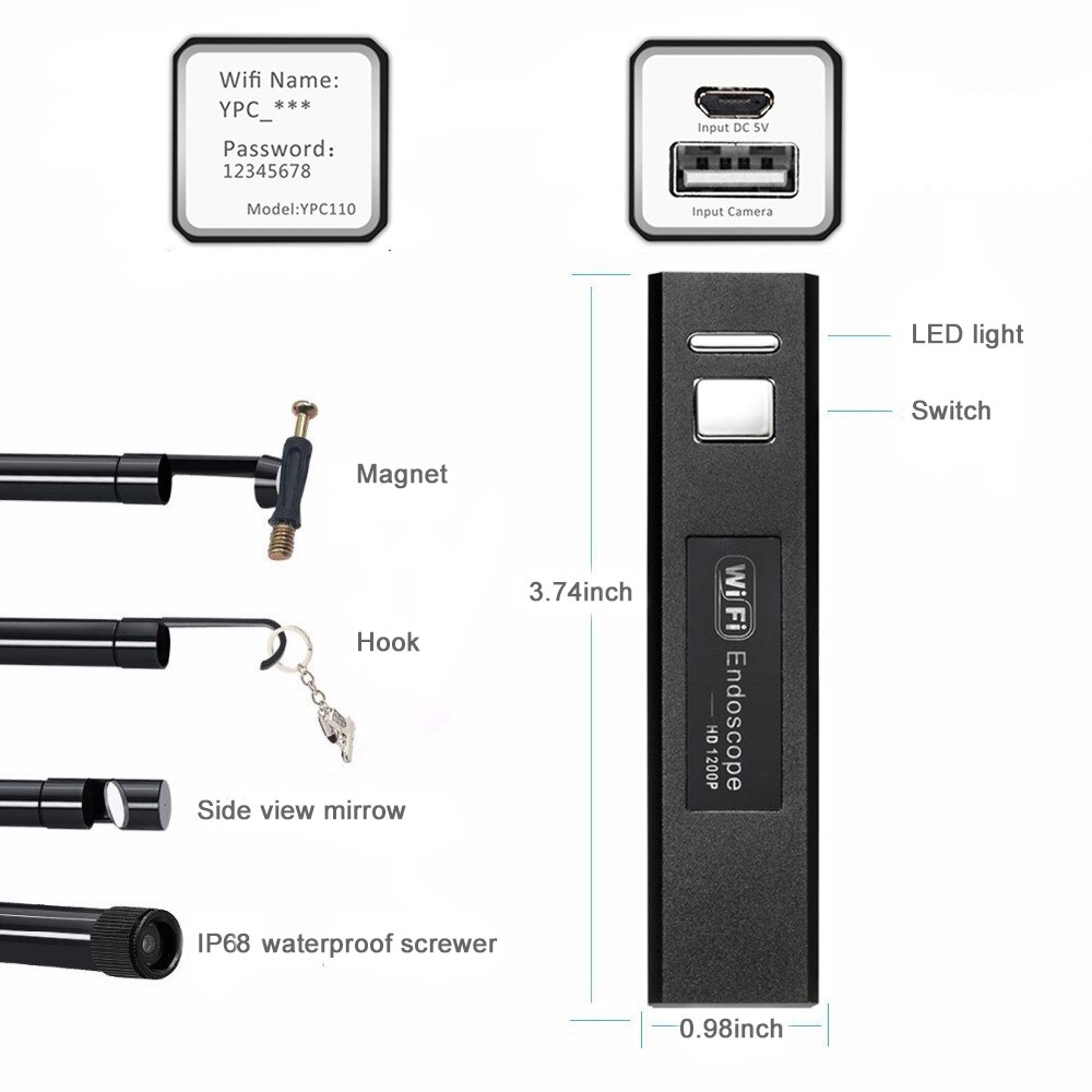 FUERS WIFI Endoscope Camera HD 1200P 8mm Waterproof Hard Cable Inspection Mini Camera For IOS Android Windows Endoscope