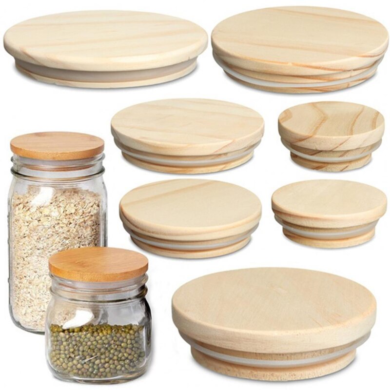 Natural Pine Wooden Cover Lid Reusable Kitchen Tissue Bottle Sealing Cap Canned Storage Mason Jar Lids Wide Mouth Cover Wood Lid