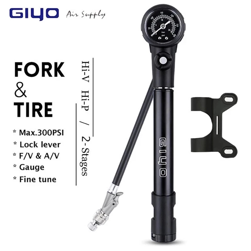 Giyo mtb iskupumppu 300 psi pyörän jousitus ilmapumppu painemittarilla schrader presta pyörän renkaan täyttö polkupyörän haarukkapumppu