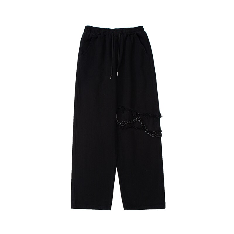 Harajuku Streetwear – pantalon Cargo décontracté avec chaîne au genou pour homme et femme, ample avec cordon de serrage: Black / AsianM