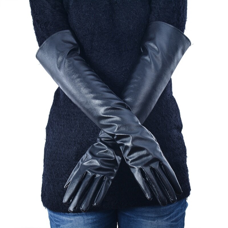 Guantes largos de invierno para mujer, cálidos dedos forrados, piel sintética, guante hasta el codo, Feamle, Negro, Rojo, resistente al agua