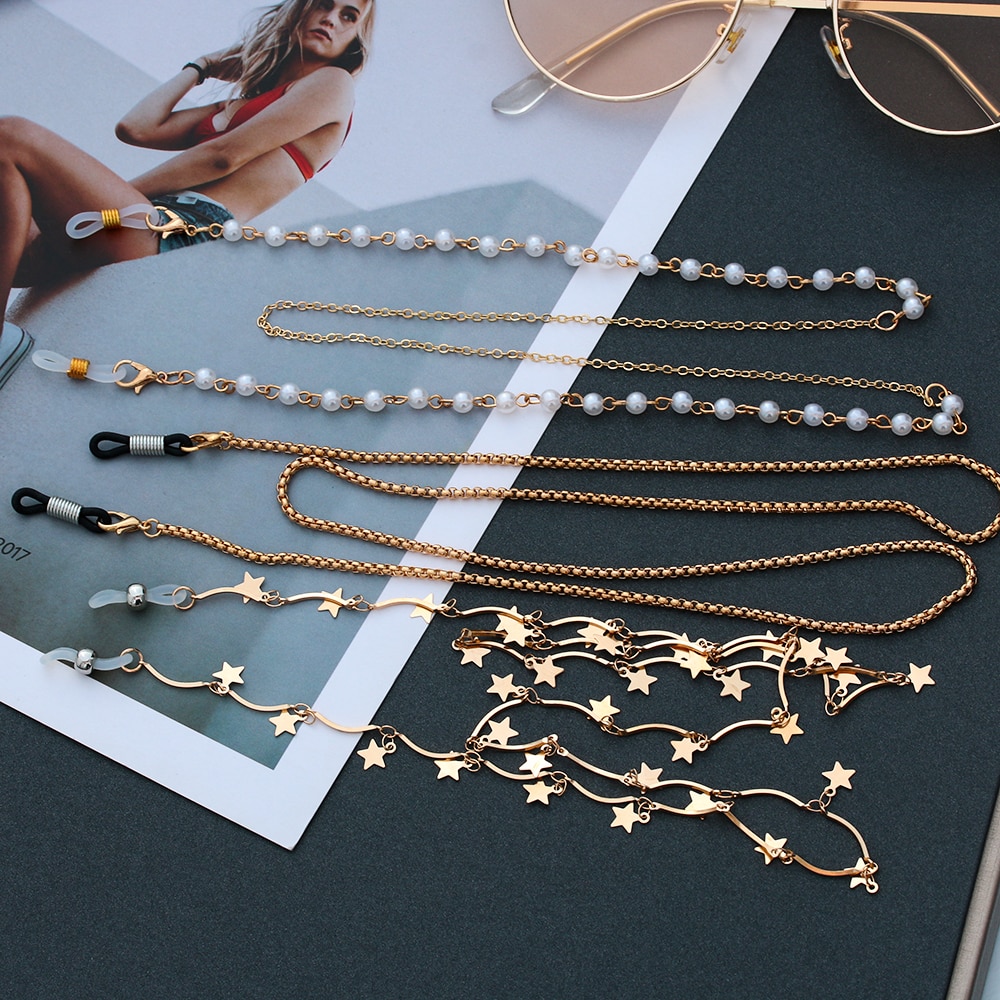 Soporte antideslizante para gafas de sol, cadena de lente de Metal, collar con perlas y estrellas, accesorios para gafas
