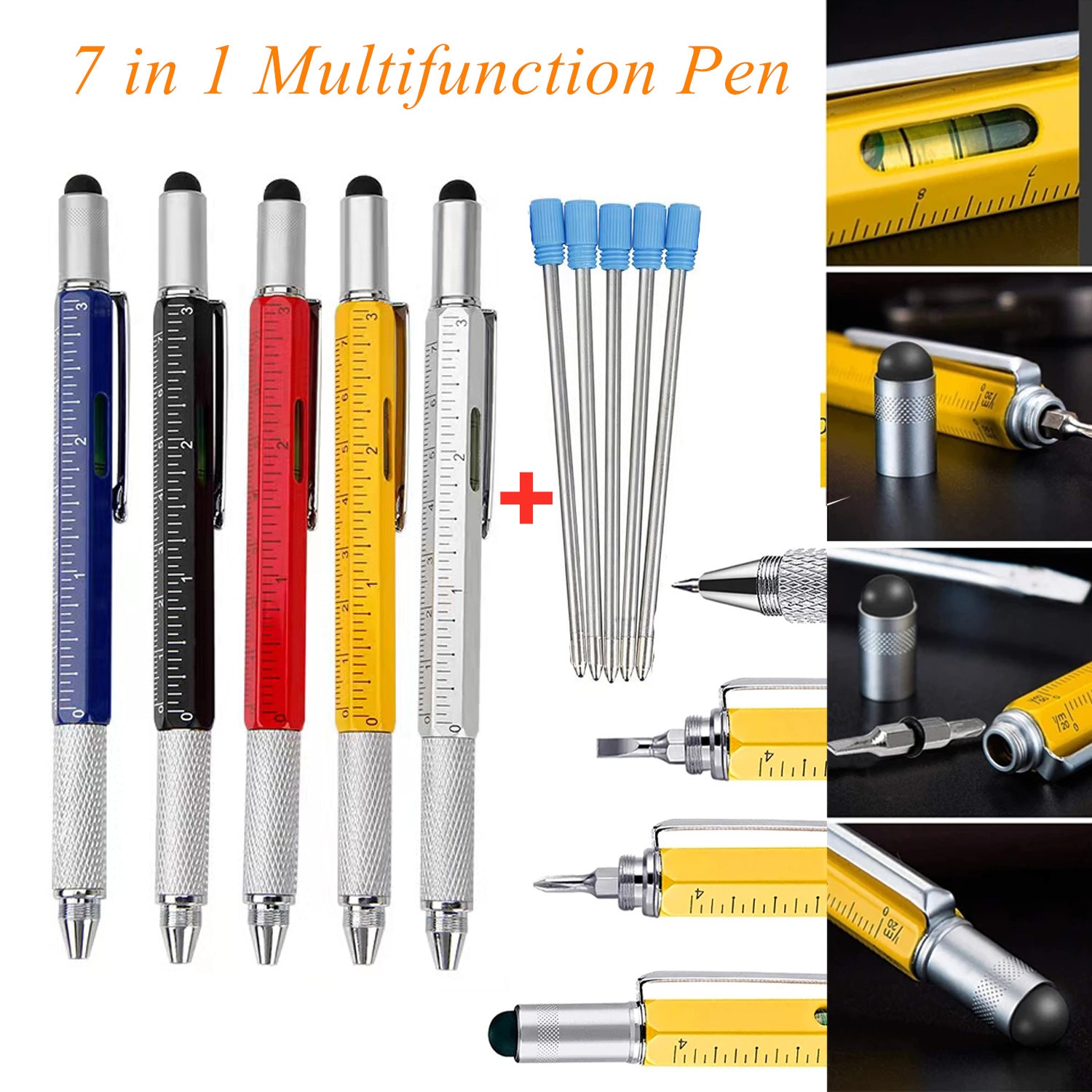 7 In1 Multifunction Handheld Screwdriver Tool Ballpoint Pen Measure Technical Ruler Screwdriver Touch Screen Stylus Spirit Level