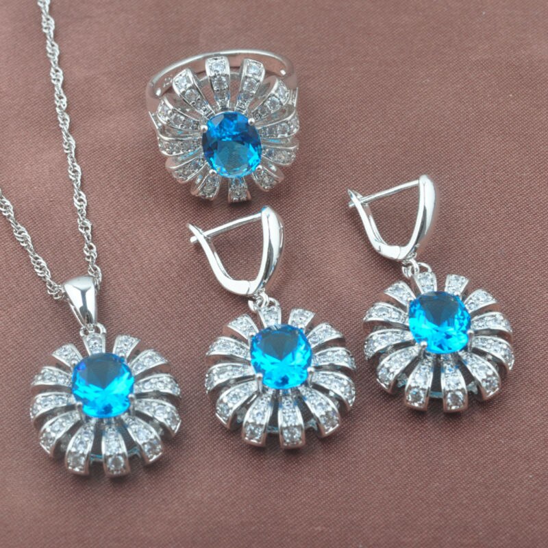 Hemelsblauwe zirkoon zilverkleurige sieraden sets dames snuisterijen trouwsieraden ring ketting en oorbellen set  tz0471