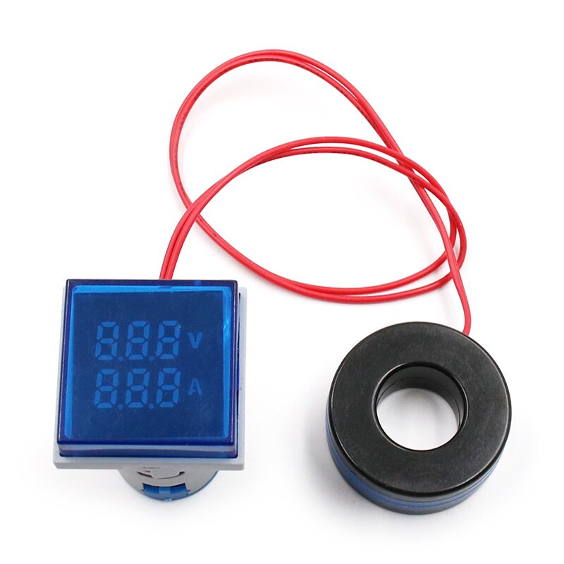 Mini digital voltmeter amperemeter 22mm kvadrat  ac 20-500v 0-100a amp volt spændingstester meter dobbelt led indikator pilot lampe lys: Blå