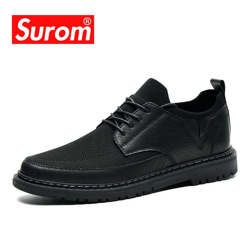 SUROM Breathable Dress Leather Shoes Men Leather Casual Shoes Men Summer Flats Male Adult Work Shoes