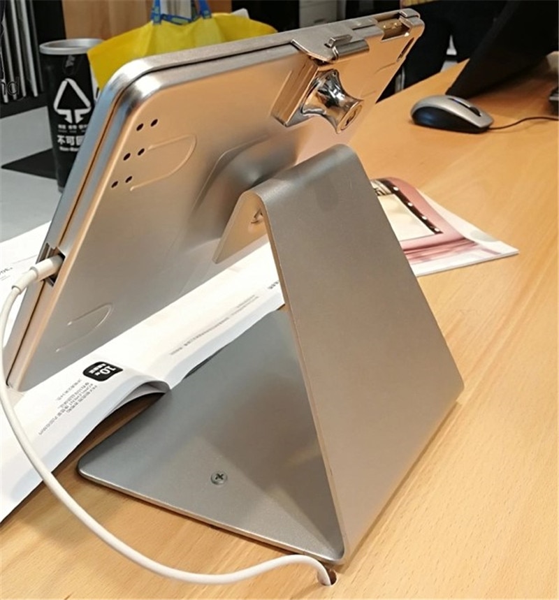 for 10.5 inch ipad desktop kiosk/ security display at hotel or bank / lock metal frame stand on table screw on countertop