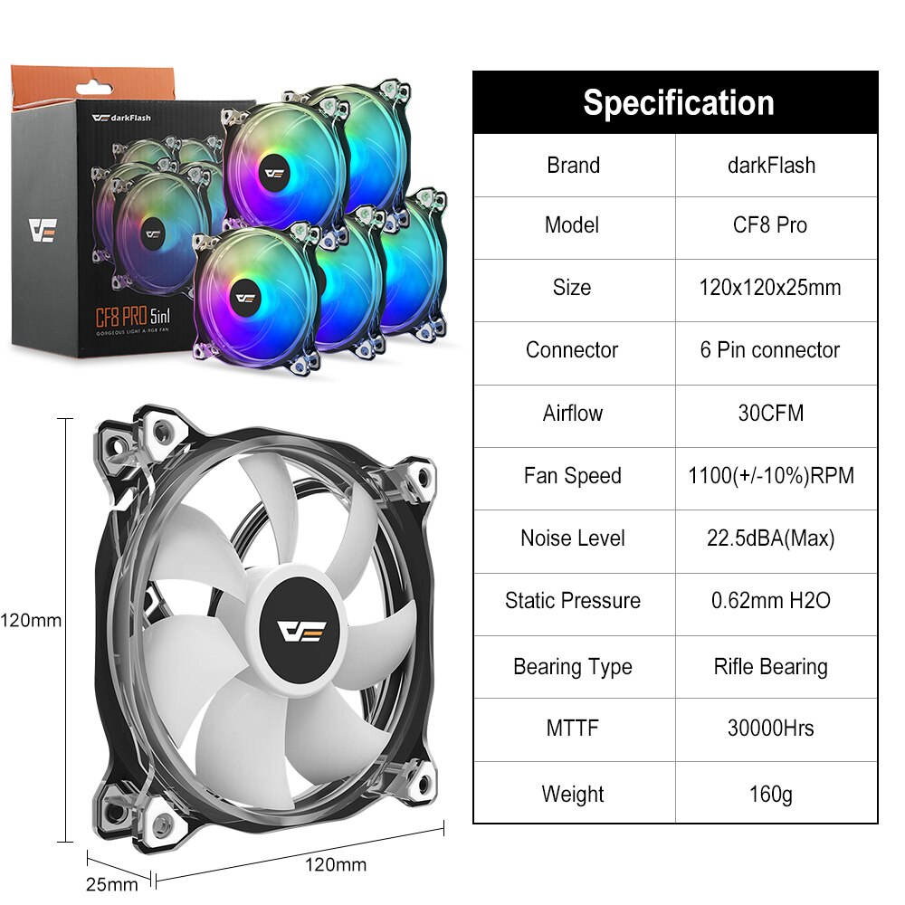 Darkflash PC Case Fan Computer 120mm Fan Clear Frame Quiet+Remote Computer Cooling CPU Cooler ASUS AURA SYNC RGB Case Fan CF8