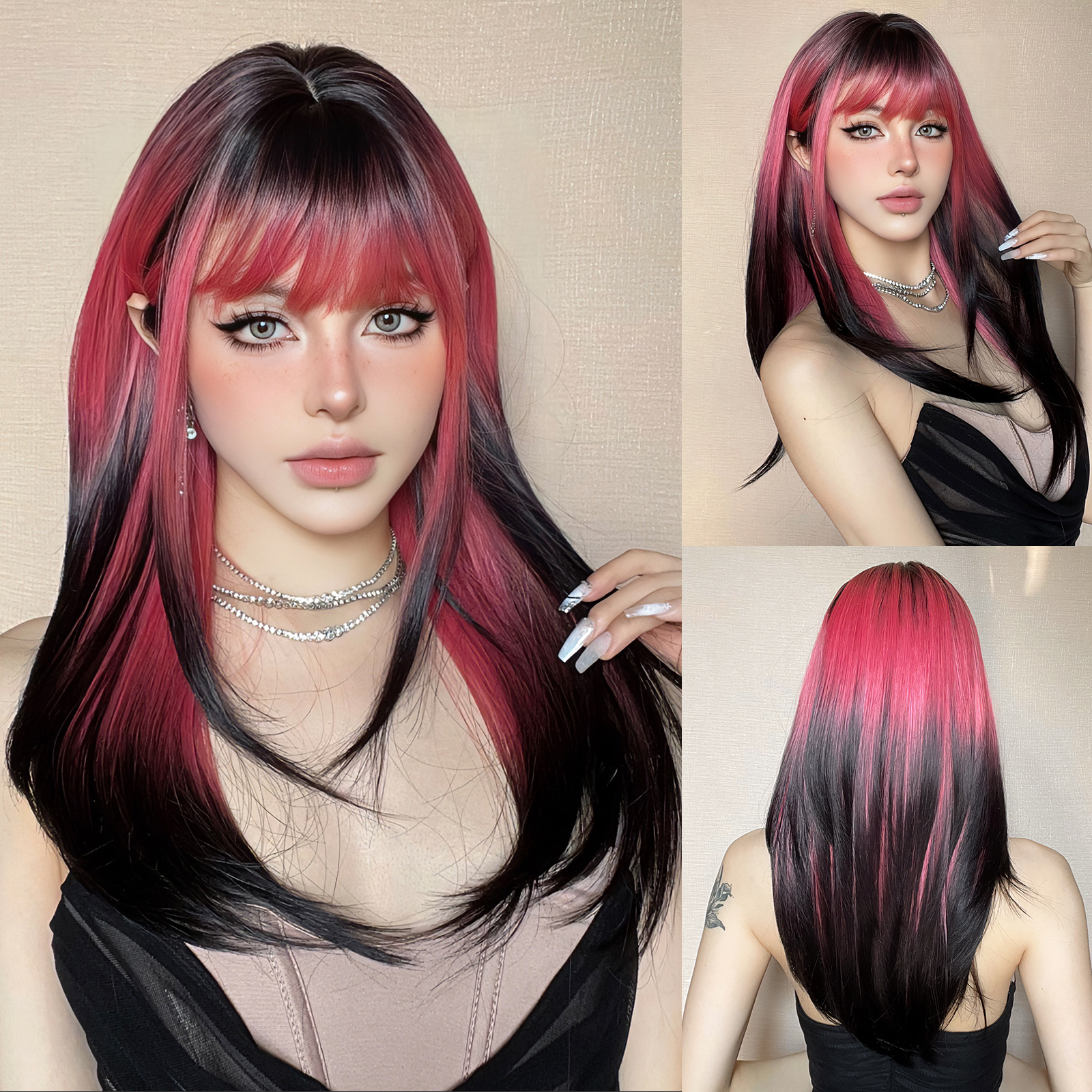 Gerade geschichtete synthetische Perücken Lila Schwarz Ombre Perücke mit Pony Mittellange farbige Cosplay-Perücke für Frauen Hitzebeständige Perücke: #1