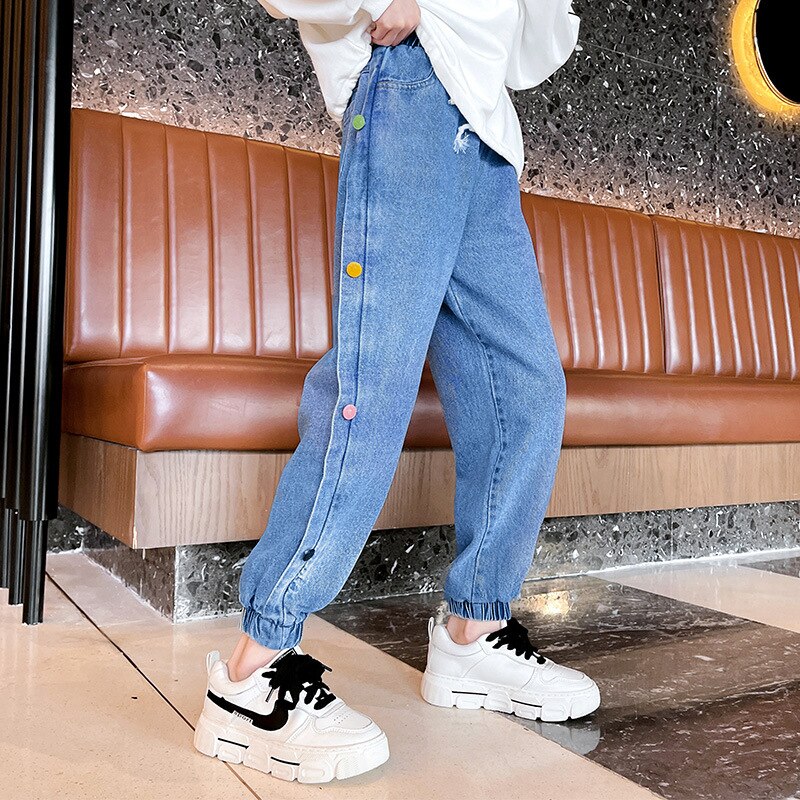 Pantalones vaqueros con botones laterales para niñas, ropa holgada para niños de 4, 6, 7, 8, 9, 10, 12 y 14 años, novedad, primavera y otoño
