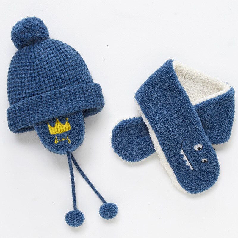 Traje de cuello y gorro de bombardero para bebé, otoño e invierno, dibujos animados para niños, niño y niña, juegos de gorro y bufanda gruesos y cálidos: animal blue