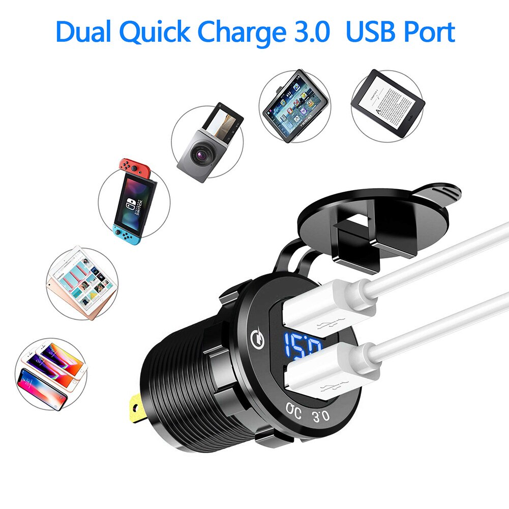 Quick Charge 3.0 Waterdichte Dual Poorten Usb Charger Socket Adapter Outlet Display Voltmeter Voor Auto Boot Motorfiets Voertuig