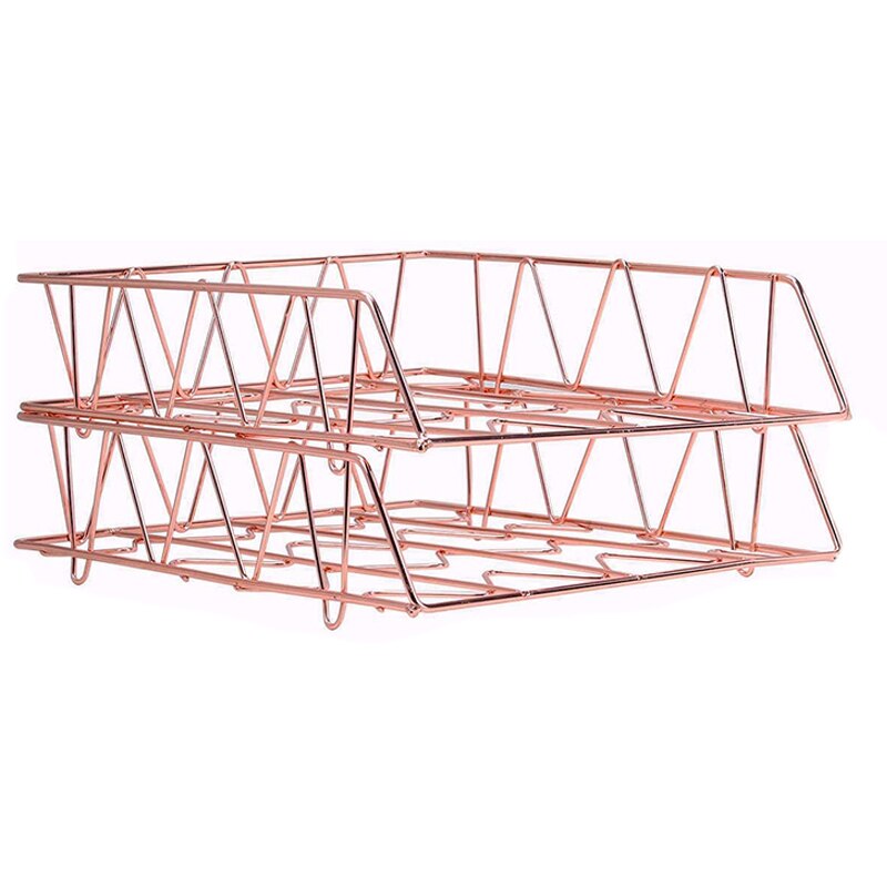 Desktop File Organizer Metal Stackable Letter Tray Paper Holder Rack, 2 Pack, Rose Gold