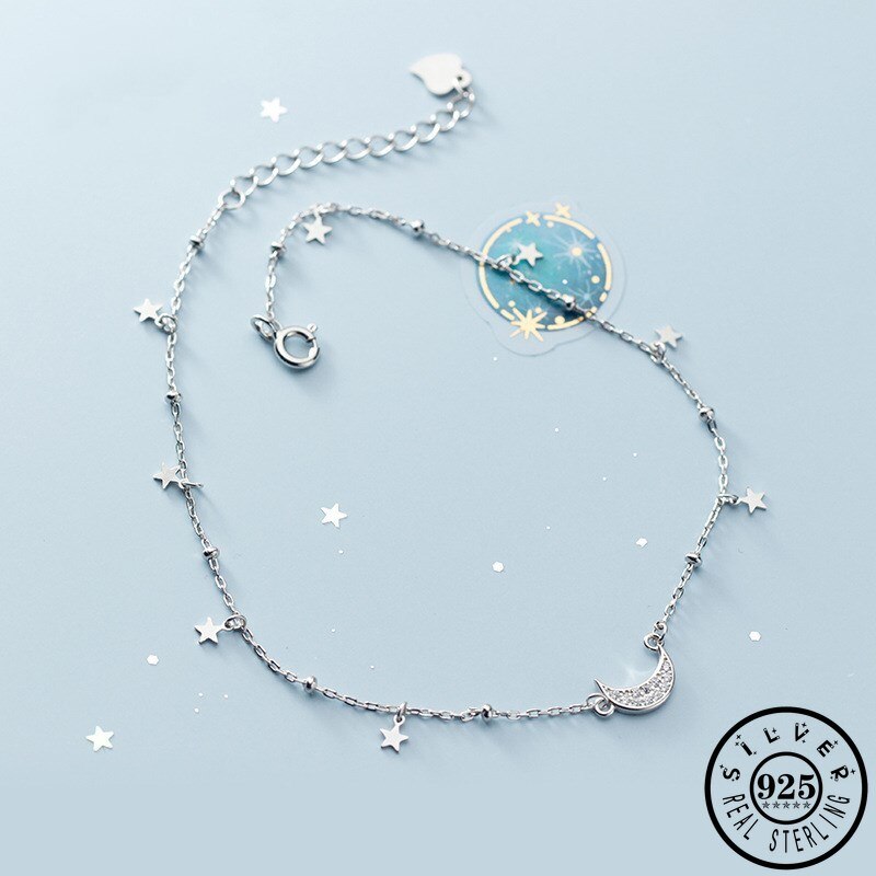 925 fußkettchen aus sterlingsilber mit zirkonia in mondform – trendiges armband mit kleinen sternperlen für damen, feiner fußschmuck