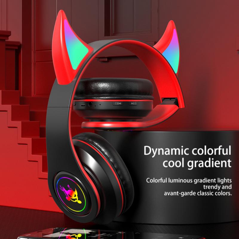 RGB Flashing Devil Ear Headphone Bass Demon Headset Bluetooth-compatible Noise Reduction With Mic For Kids Boys Music Game