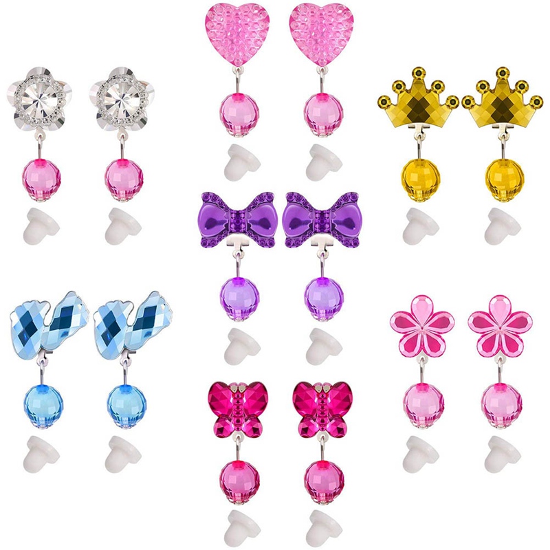 7 Pairs/Box Color Crystal Children Baby Girl Earrings Kids Pink Jelly Beads Ear Clip On Pierced Earrings Jewelry Party